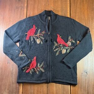 Vintage 2004 Carly St Claire Women's Sz Small Black Cardigan Red Bird Christmas‎